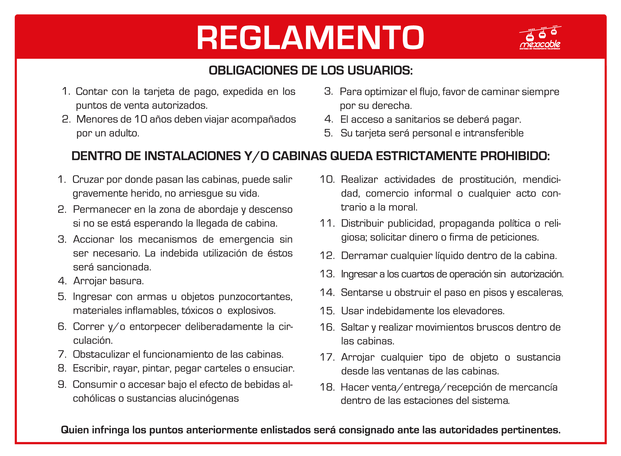 Reglamento de usuario para Linea Roja