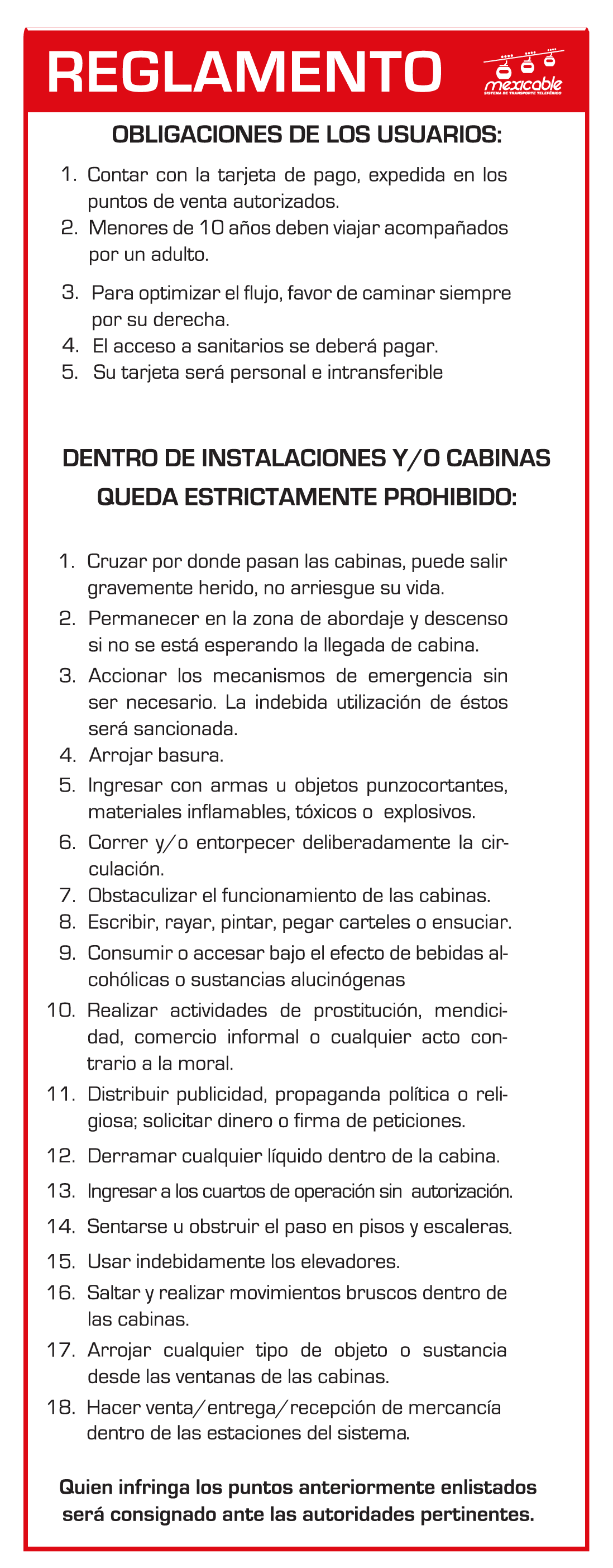 Reglamento de usuario para Linea Roja