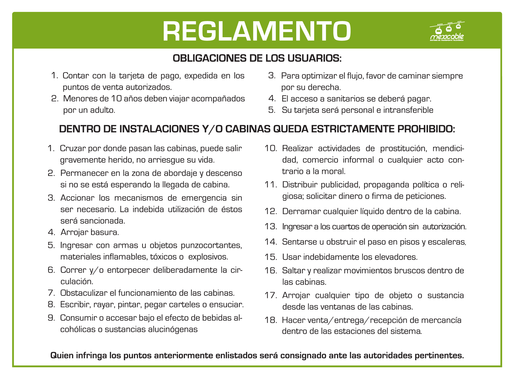 Reglamento de usuario para Linea Verde