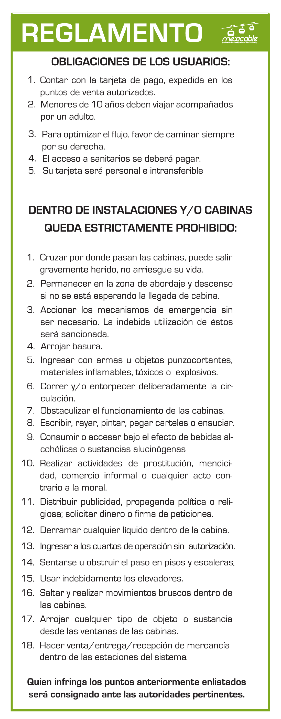 Reglamento de usuario para Linea Verde